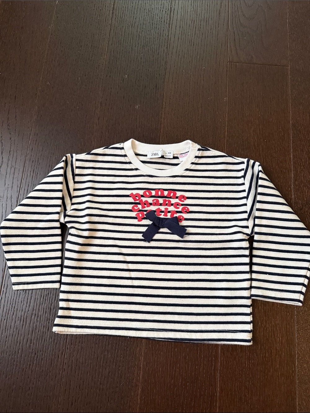 Zara Cream & Navy Striped Long-Sleeve Top with Red Graphic and Navy Bow